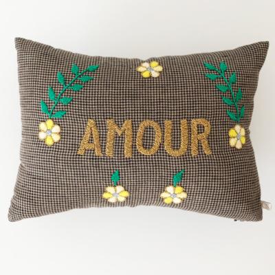 Coussin Message brodé Amour - pied de poule graphite