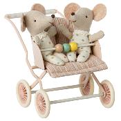 Poussette pour jumelles / 2 bébés souris lapins maileg - rose