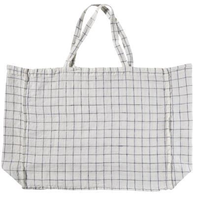 Tote-bag Medium lin lavé Linge particulier - carreaux blanc / marine